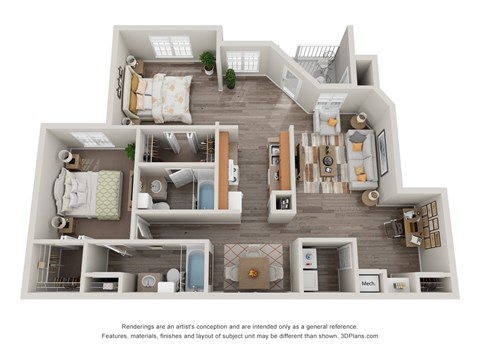 A 3D floor plan of a house with labeled rooms.